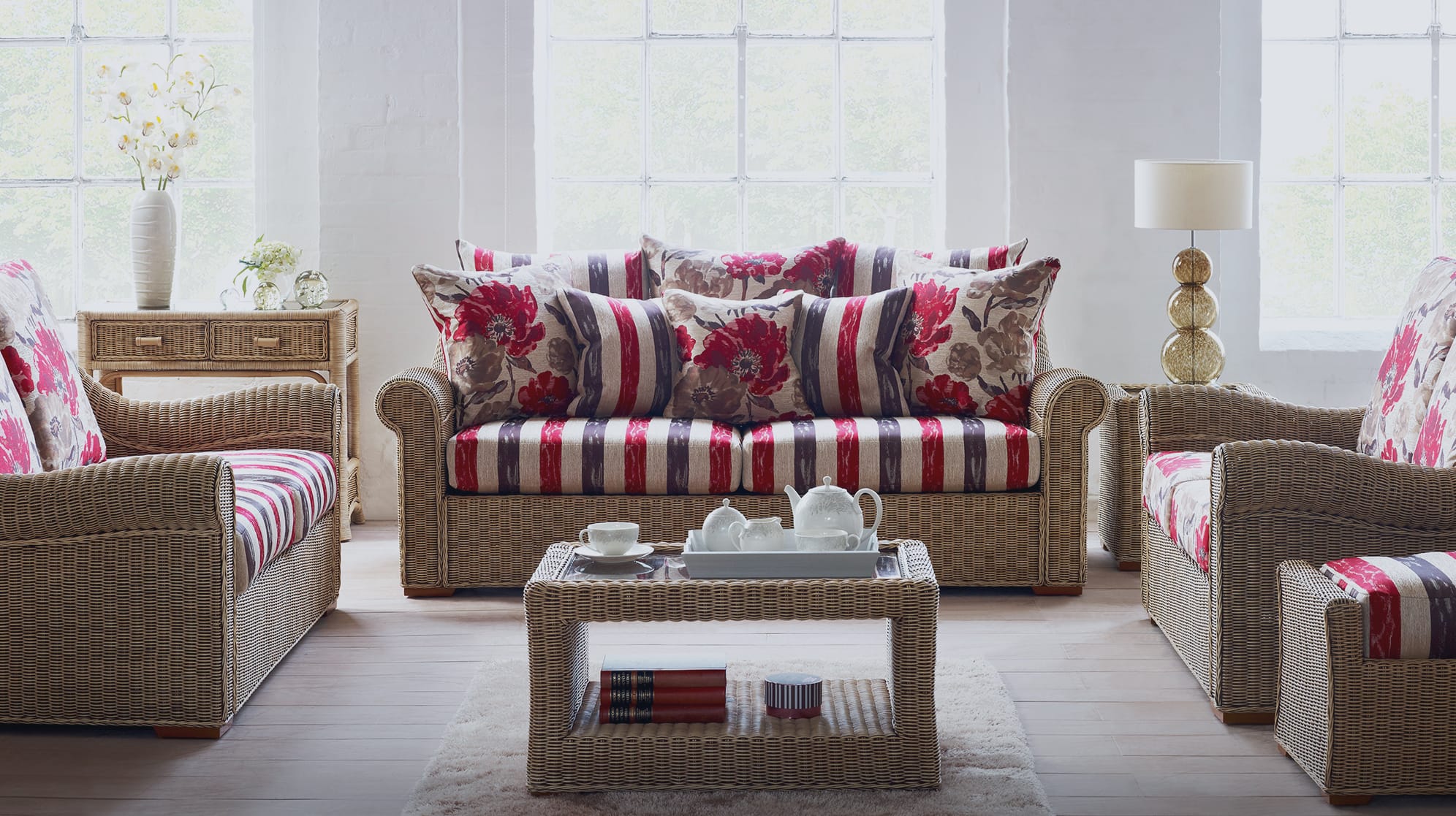 Cane sofa set with natural lighting living room Gloucester