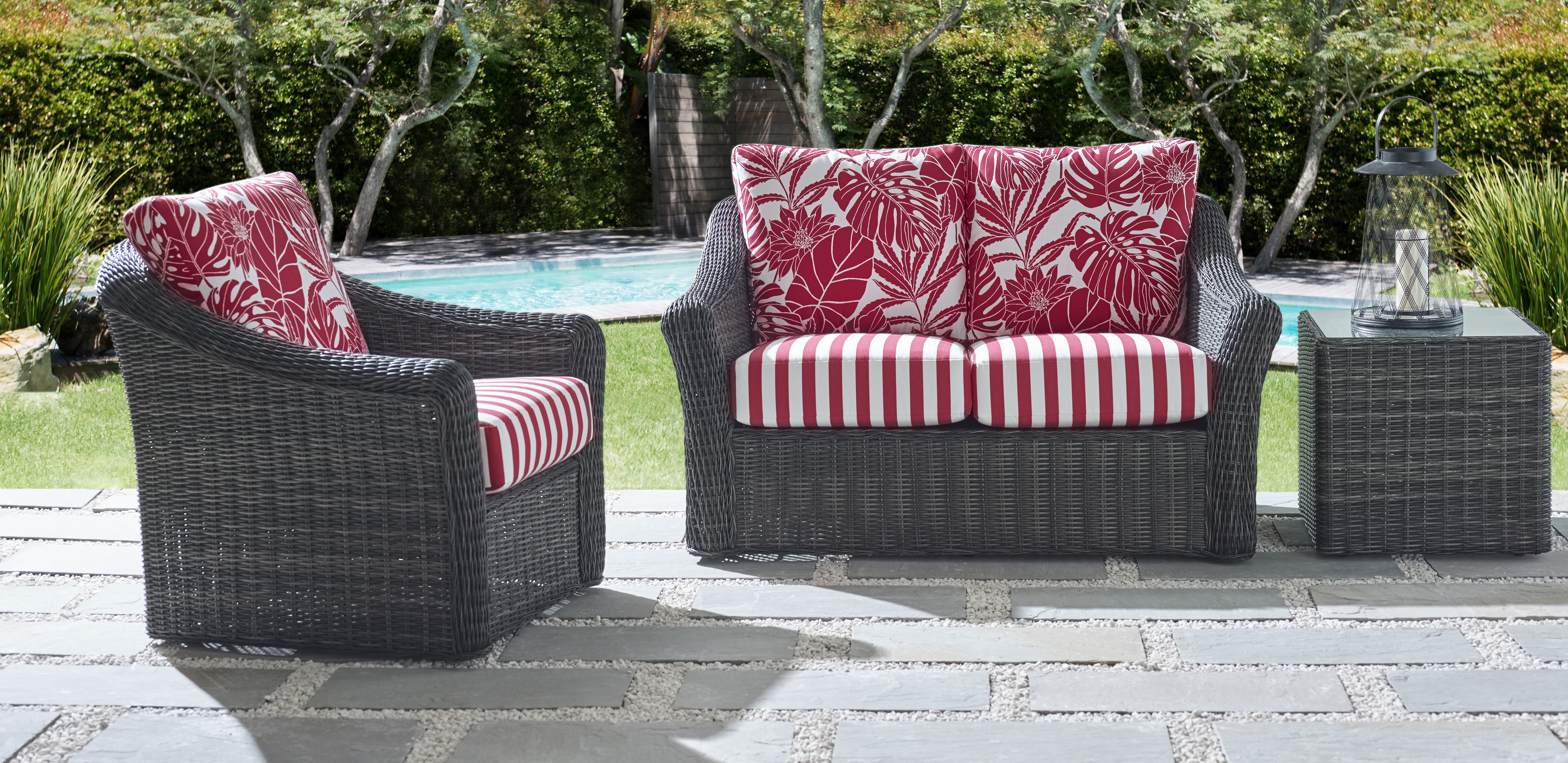 Cane Furniture in Garden with swimming pool Swindon